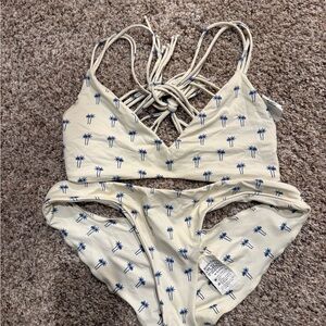 Boys + Arrows Cream and Blue Palm Print bikini